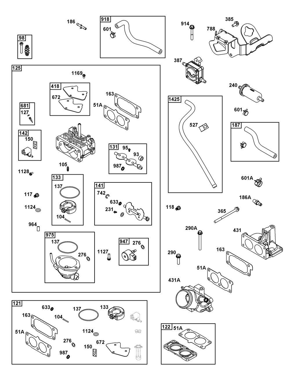 Carburetor And Fuel Supply Group Diagram and Parts List for 543477-3301-J1 400000 - 699999 Briggs and Stratton Engine